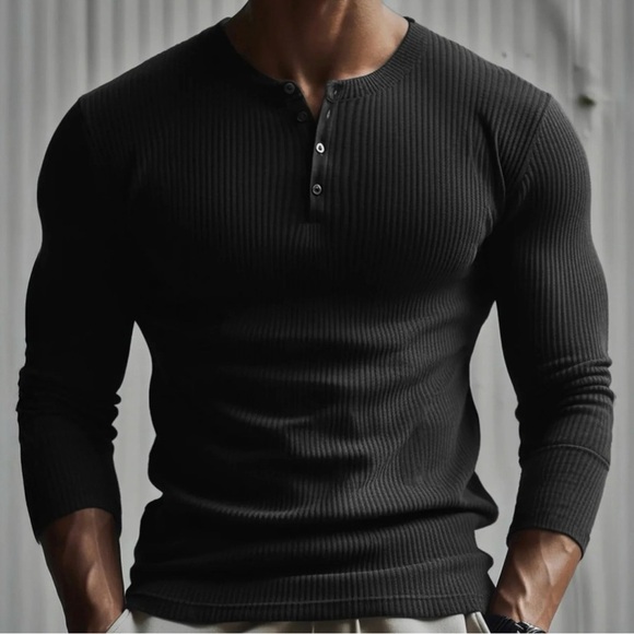 AHA Selected Men's Black Henley Ribbed Shirt - Picture 3 of 3